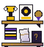 Small wall shelf with a trophy, a record plaque and a mystery box